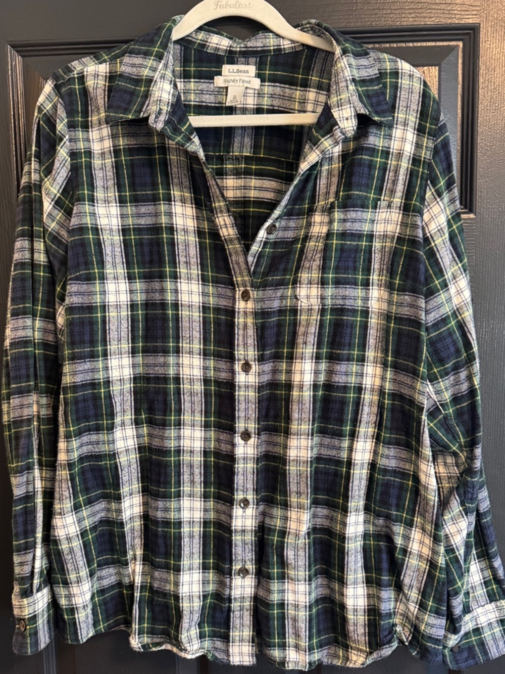 L.L. Bean Navy, Green and White Plaid Button-Down Shirt